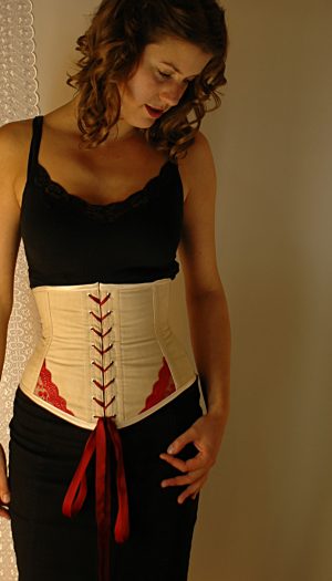 Antiqued cotton and burgundy front lacing waspie corset