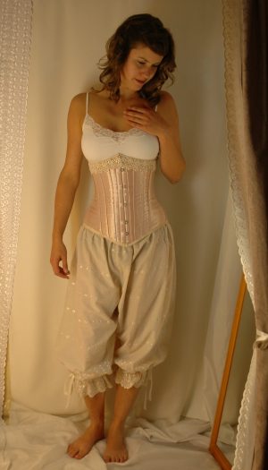 Set with cream broidery anglais bloomers and underbust corset.