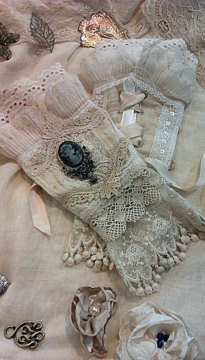 Cream and ivory Victorian inspired lace and cameo arm cuffs