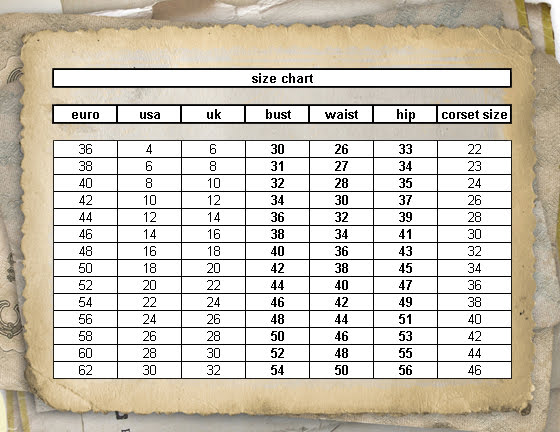 corset size chart